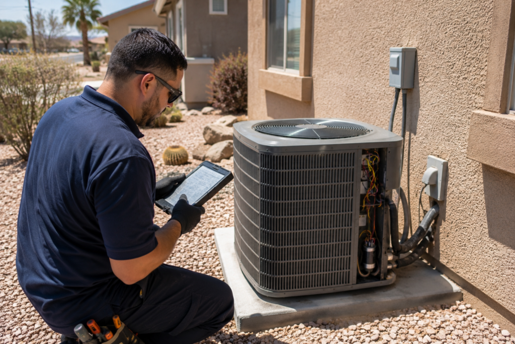 HVAC technician performing AC tune-up on outdoor unit in Palmdale, CA