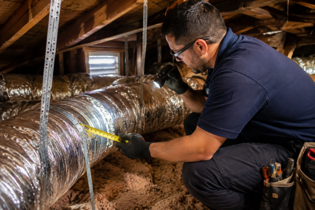 Technician inspecting attic ductwork before AC installation in Palmdale home