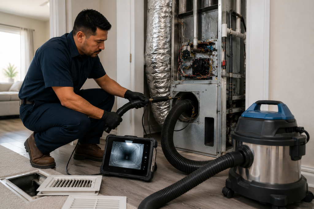 HVAC technician cleaning residential air ducts in a Palmdale home.
