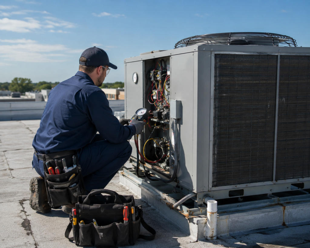 Commercial HVAC technician inspecting rooftop AC unit in Palmdale, CA