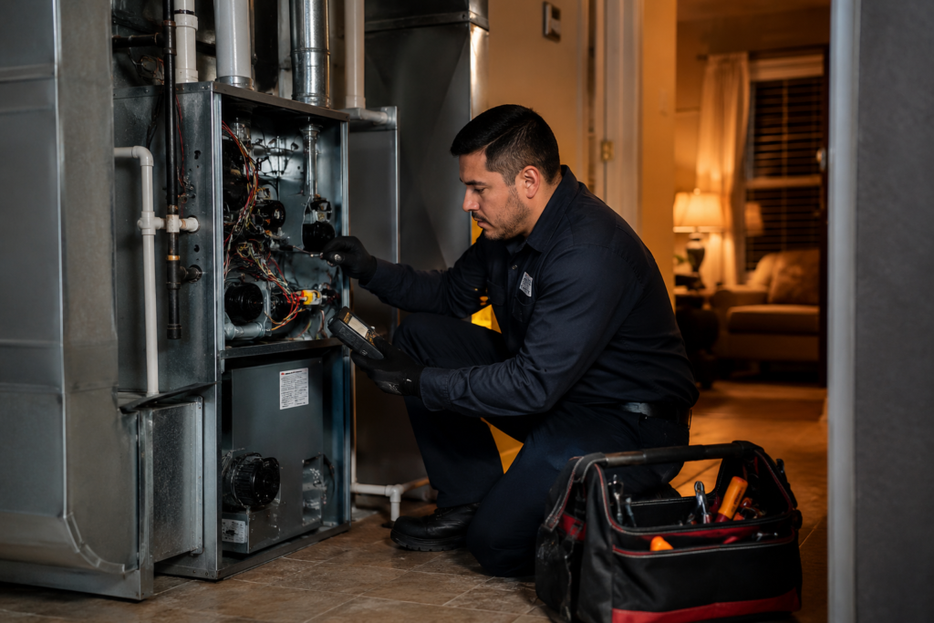 HVAC technician repairing a residential furnace in Palmdale.