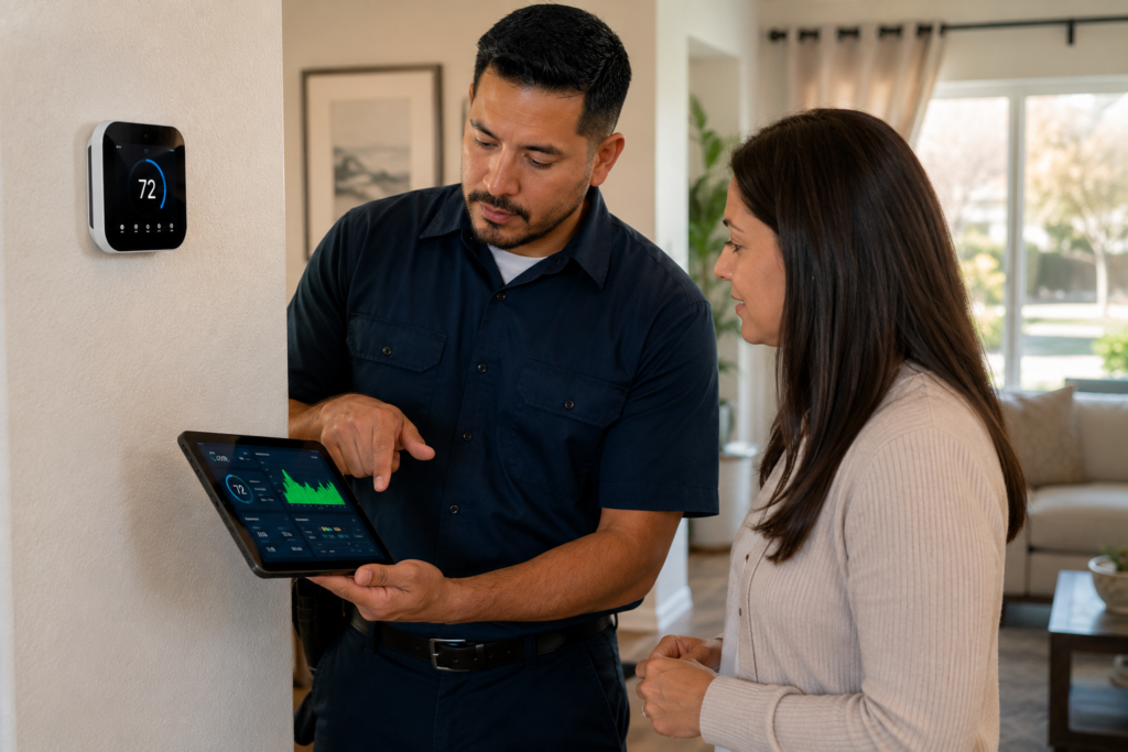 HVAC technician explaining smart thermostat energy savings to a homeowner in Palmdale, California.