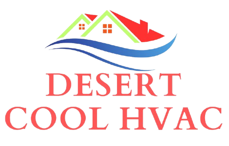Dark red Desert Cool HVAC logo featuring a modern house roof, sun, snowflake, and airflow symbols representing professional heating and air conditioning services.