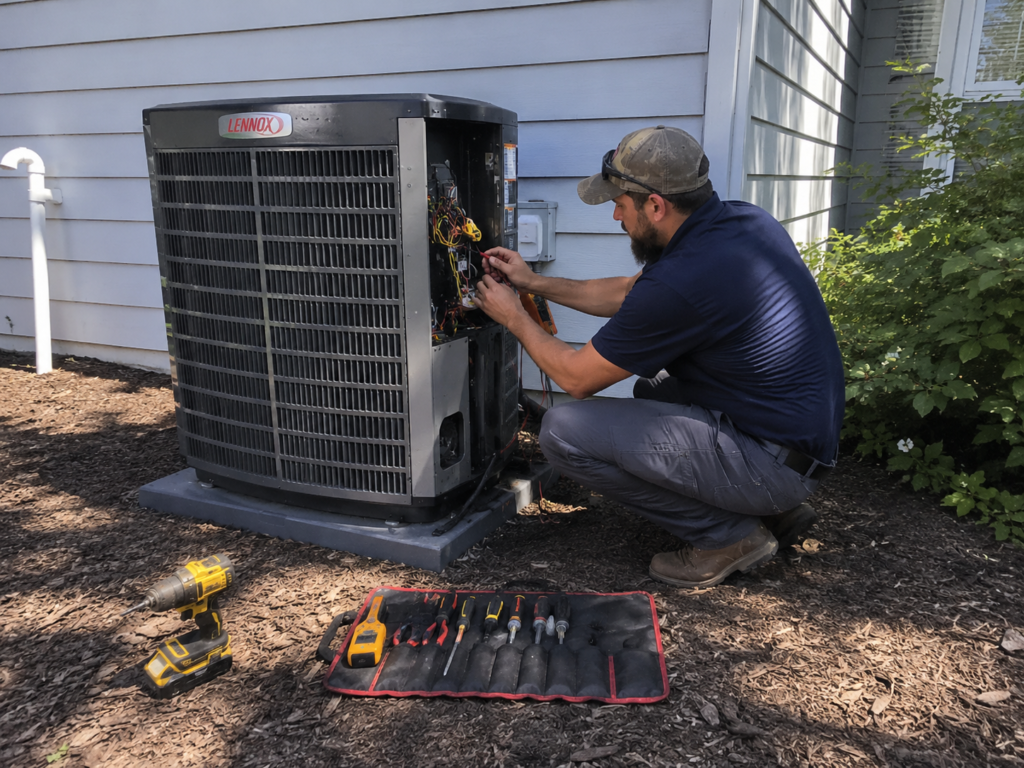 Technician inspecting a heat pump unit for repair in Daphne, AL