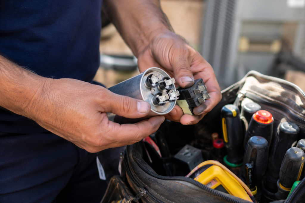 HVAC replacement parts including capacitor held by technician
